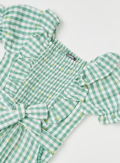 Checked Jumpsuit with Short Sleeves and Smocked Detail