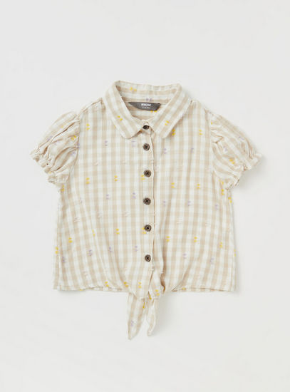 Gingham Dobby Shirt with Front Tie-Up and Short Puff Sleeves