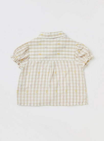 Gingham Dobby Shirt with Front Tie-Up and Short Puff Sleeves