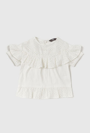 Schiffli Detail Crew Neck Top with Frill Accent and Cap Sleeves