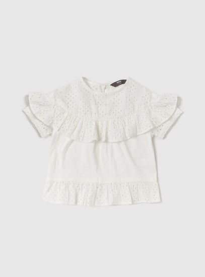 Schiffli Detail Crew Neck Top with Frill Accent and Cap Sleeves