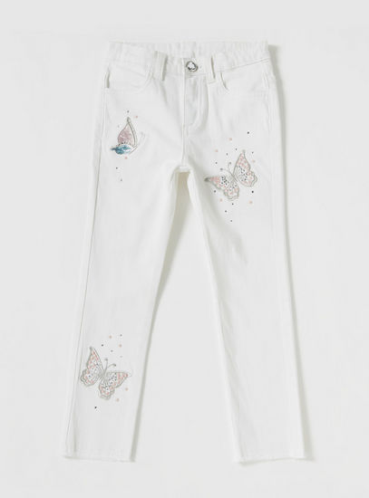 Embellished Jeans with Pockets and Button Closure