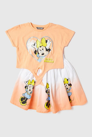 Minnie Mouse Print Round Neck T-shirt and Skirt Set