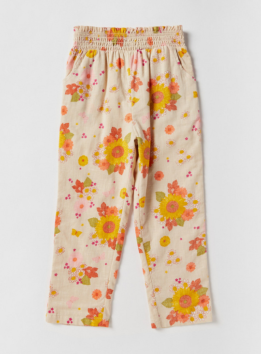 Floral Print Pants with Elasticated Waistband and Pockets