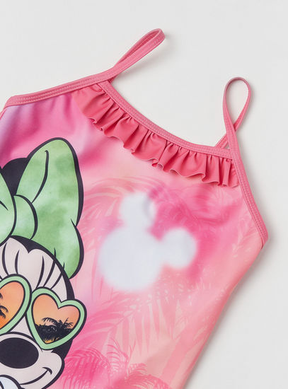 Minnie Mouse Print Swimsuit with Adjustable Strap and Ruffle Detail