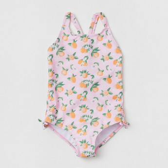 Printed Swimsuit with Cross-Back Strap and Tie-Up Detail