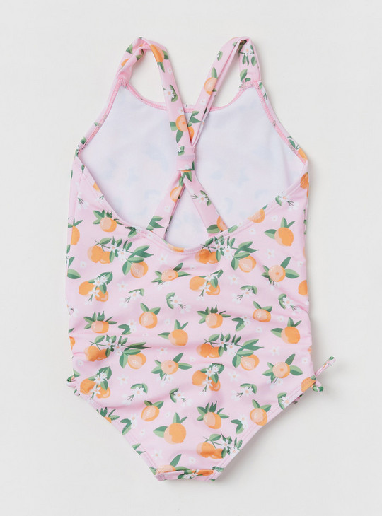 Printed Swimsuit with Cross-Back Strap and Tie-Up Detail