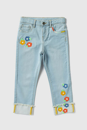 Floral Embellished Jeans with Button Closure and Pockets
