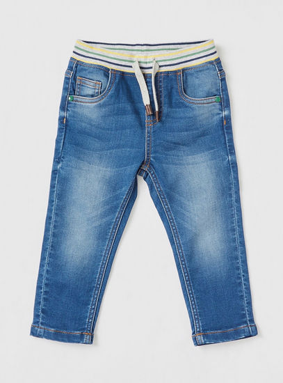 Solid Full Length Denim Jeans with Pockets and Drawstring Closure