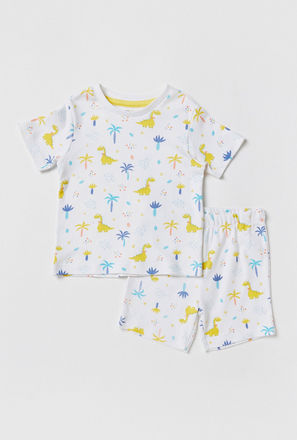 Dino Print Short Sleeves T-shirt and Pyjama Shorts Set