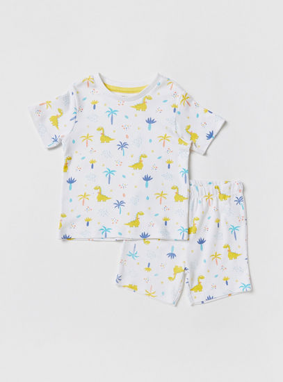 Dino Print Short Sleeves T-shirt and Pyjama Shorts Set