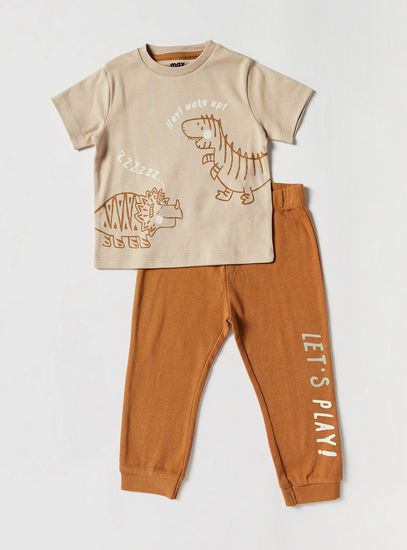 Dinosaur Print Short Sleeves T-shirt and Pyjama Set-Pyjama Sets-image-0