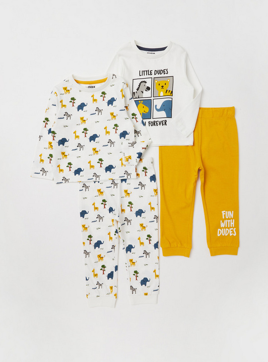 Set of 2 - Dinosaur Print Round Neck T-shirt and Full-Length Pyjamas