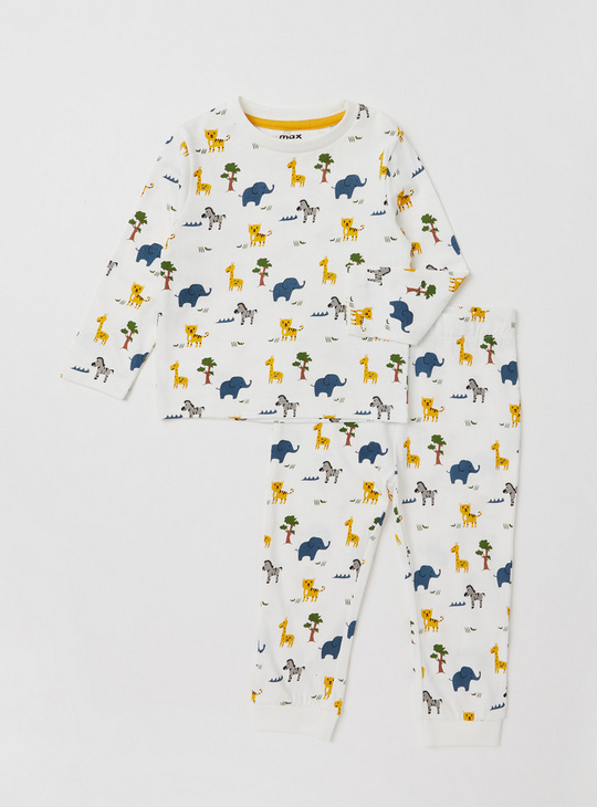 Set of 2 - Dinosaur Print Round Neck T-shirt and Full-Length Pyjamas