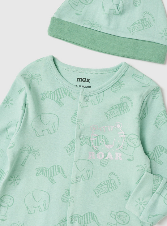 Printed Sleepsuit with Long Sleeves and Cap