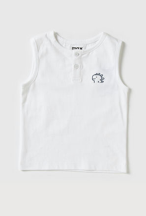 Dinosaur Print Sleeveless T-shirt with Button Closure