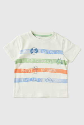 Earth Stripe Print T-shirt with Short Sleeves and Round Neck