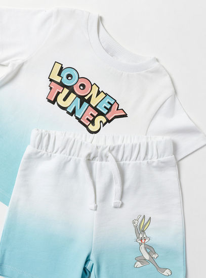 Looney Tunes Print Round Neck T-shirt and Shorts Set