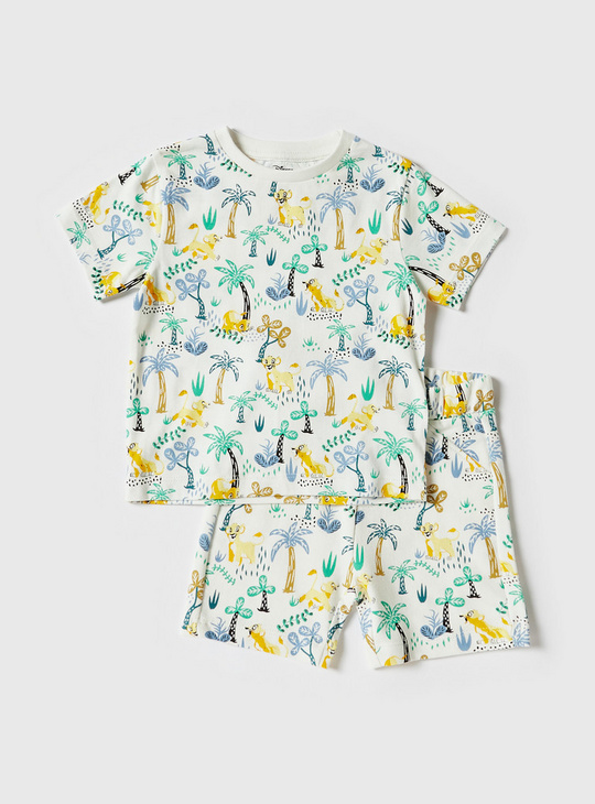 All-Over Simba Print Round Neck T-shirt and Shorts with Drawstring Closure