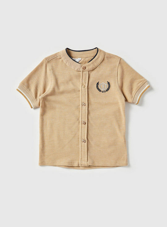 Embroidered Shirt with Mandarin Collar and Short Sleeves