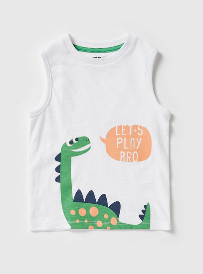 Dinosaur Print Sleeveless T-shirt and Solid Shorts Set