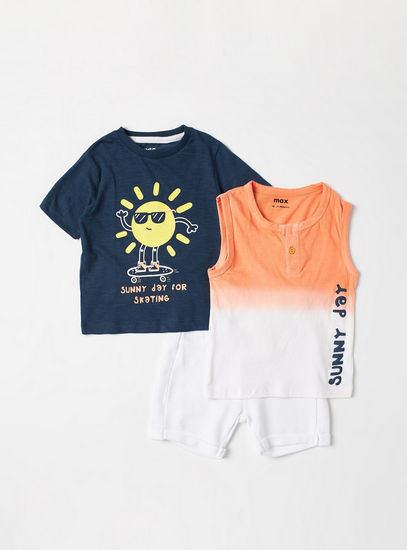 Set of 2 - Printed Crew Neck T-shirt with Vest and Shorts