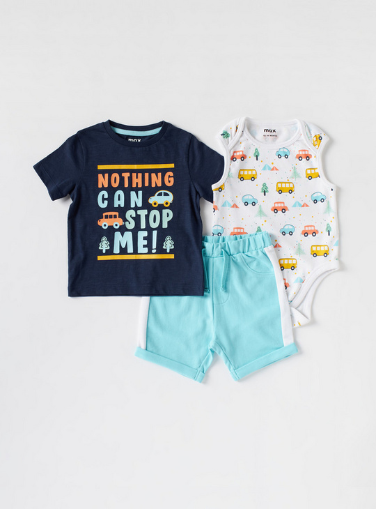 Car Print Round Neck T-shirt with Bodysuit and Drawstring Shorts