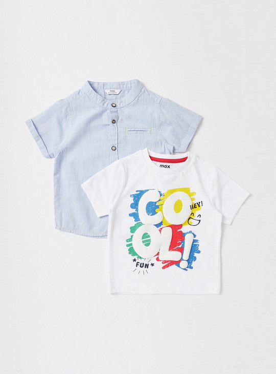 Typographic Print T-shirt and Mandarin Collar Shirt Set