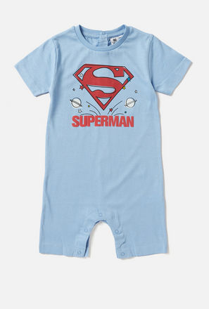 Super-Man Print Round Neck Romper with Short Sleeves