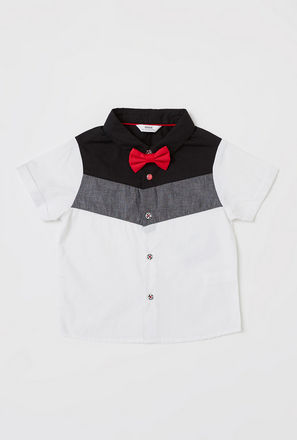 Colourblock Short Sleeves Shirt with Button Closure and Bow