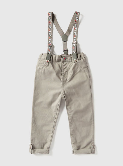 Solid Mid-Rise Jeans with Button Closure and Dinosaur Print Suspender