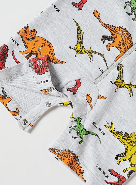 Dinosaur Print Sleeveless Romper with Hood and Zip Closure