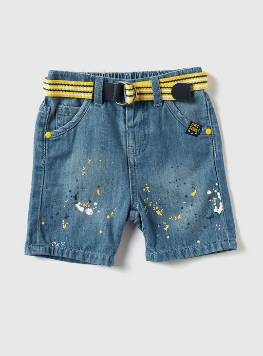 Printed Mid-Rise Denim Shorts with Button Closure and Belt