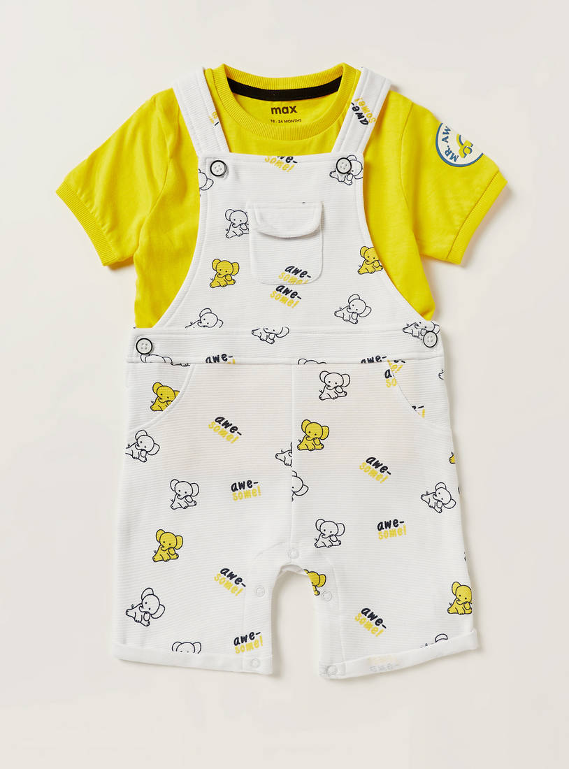 Printed Round Neck T-shirt and Dungaree Set-Sets & Outfits-image-0