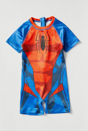 Spider-Man Print Swimsuit with Short Sleeves and Zip Closure