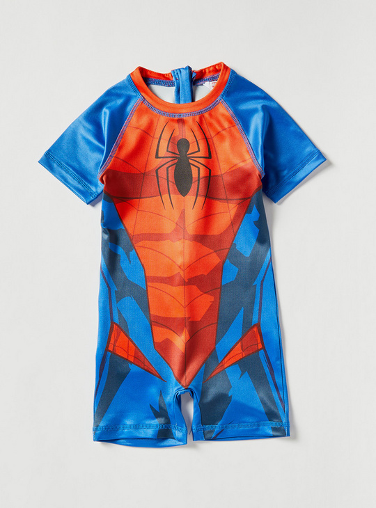 Spider-Man Print Swimsuit with Short Sleeves and Zip Closure