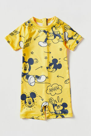 All-Over Mickey Mouse Print Swimsuit with Short Sleeves and Zip Closure