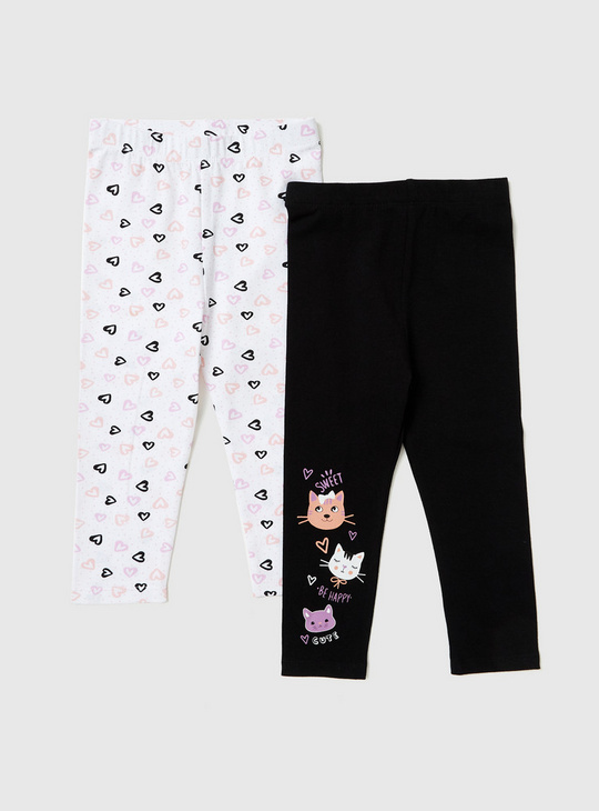 Set of 2 - Printed Mid-Rise Leggings with Elasticated Waistband