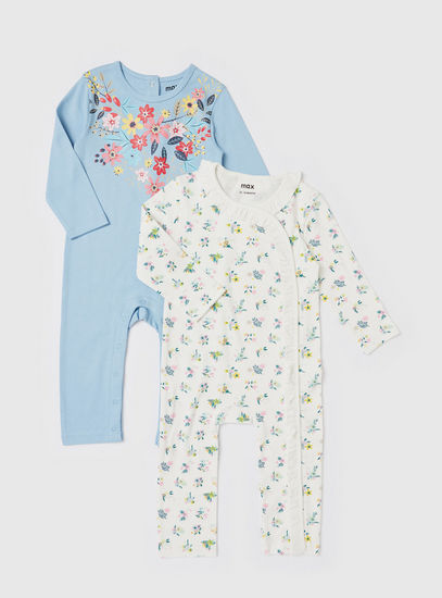 Set of 2 - Floral Print Sleepsuit with Long Sleeves and Snap Button Closure