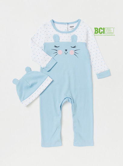 Cat Print Long Sleeves BCI Cotton Sleepsuit with Cap