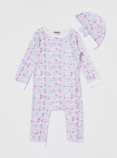 Floral Print BCI Cotton Sleepsuit with Long Sleeves and Cap
