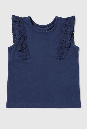 Solid Sleeveless T-shirt with Round Neck and Ruffle Detail