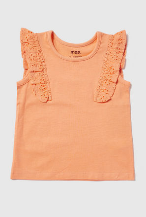 Solid Sleeveless T-shirt with Round Neck and Ruffle Detail