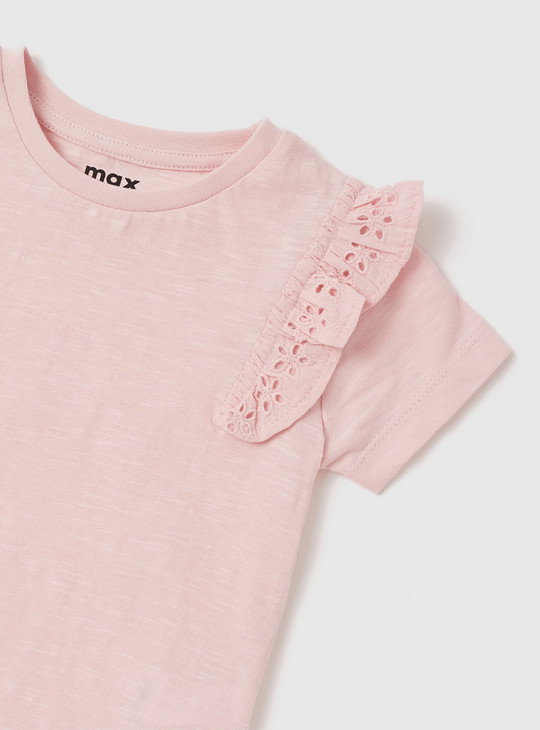 Solid BCI Cotton T-shirt with Cap Sleeves and Ruffle Detail