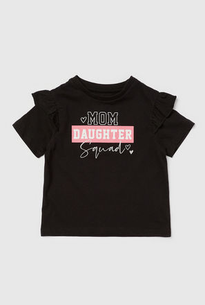 Typographic Print T-shirt with Short Sleeves and Ruffle Detail
