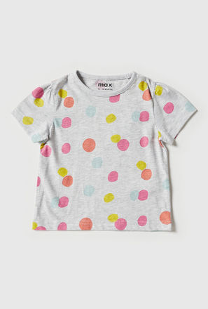 All-Over Polka Dot Print T-shirt with Short Sleeves and Round Neck