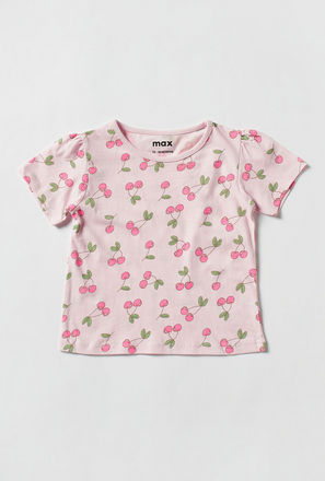 All Over Cherry Print T-shirt with Round Neck and Short Sleeves