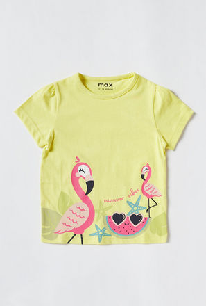 Flamingo Print T-shirt with Short Sleeves and Round Neck