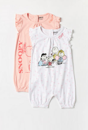Snoopy Print Crew Neck Romper with Ruffle Detail and Button Closure