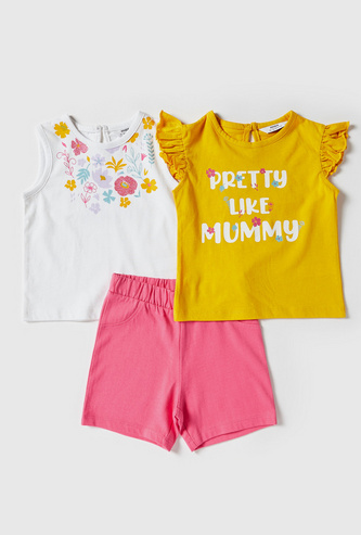 Printed 3-Piece Tops and Elasticated Shorts Set